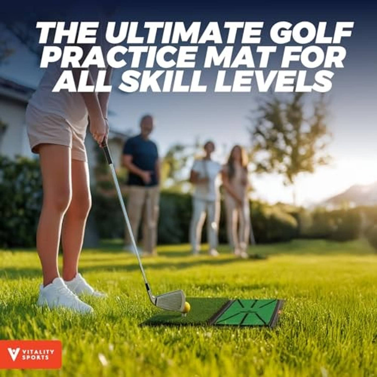 Golf practice mat on grass with green hitting surface and printed swing guide lines