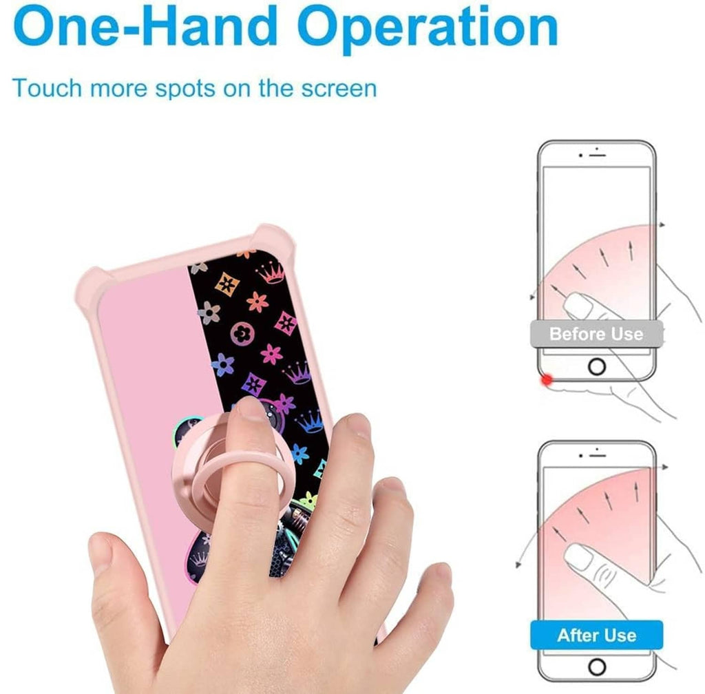Pink phone case with cartoon bear print and rotating ring grip for one-hand handling