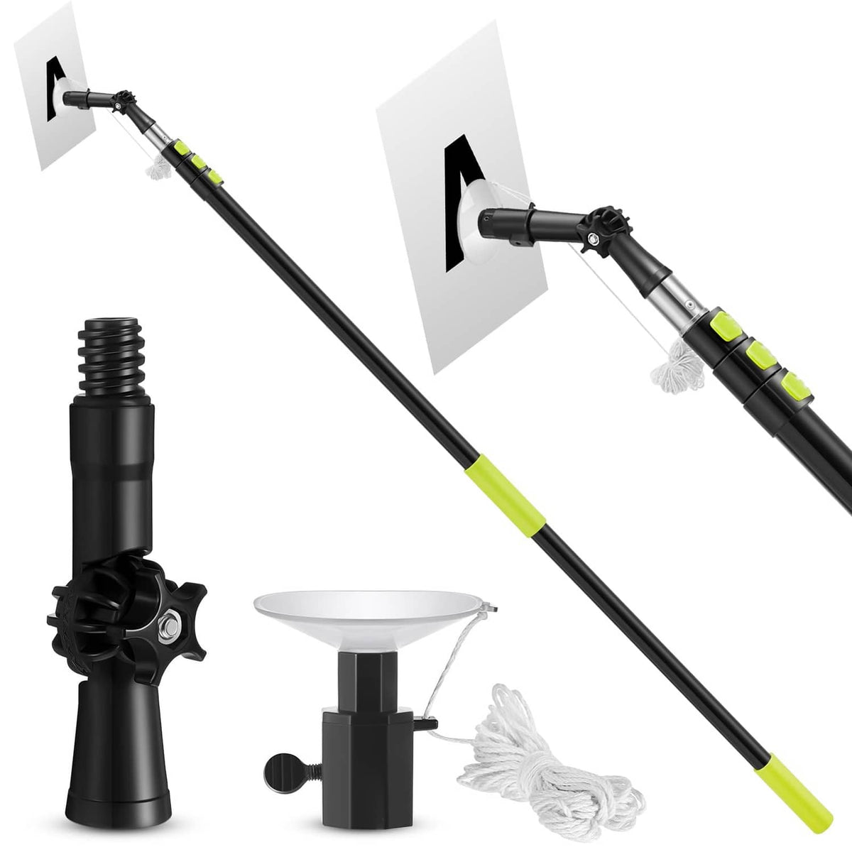 Black readerboard letter change arm with suction base, extension poles, and brush