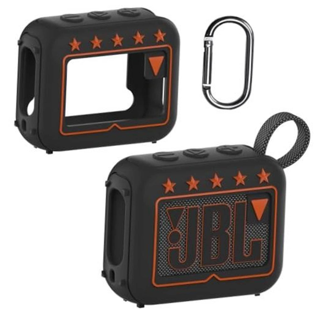 Black silicone speaker cover case with orange trim, star design, and carabiner clip.