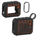 Black silicone speaker cover case with orange trim, star design, and carabiner clip.
