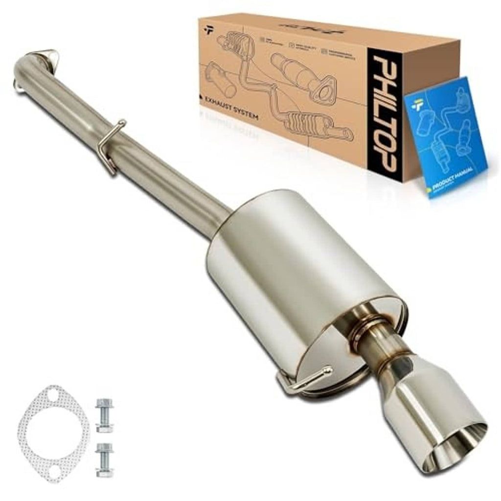 Stainless steel cat-back exhaust muffler with round outlet tips and included gasket