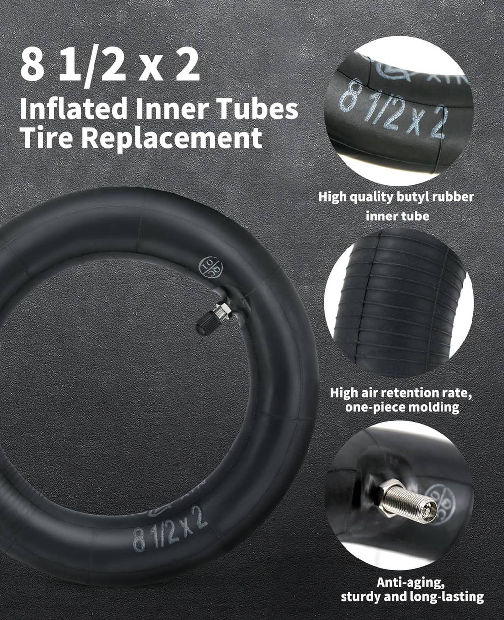 Black 8 1/2 x 2 pneumatic inner tube with valve stem on a wheel