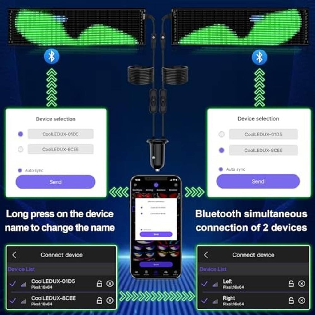 Bluetooth LED devil eyes panels with app device-selection screens and green glowing eyes