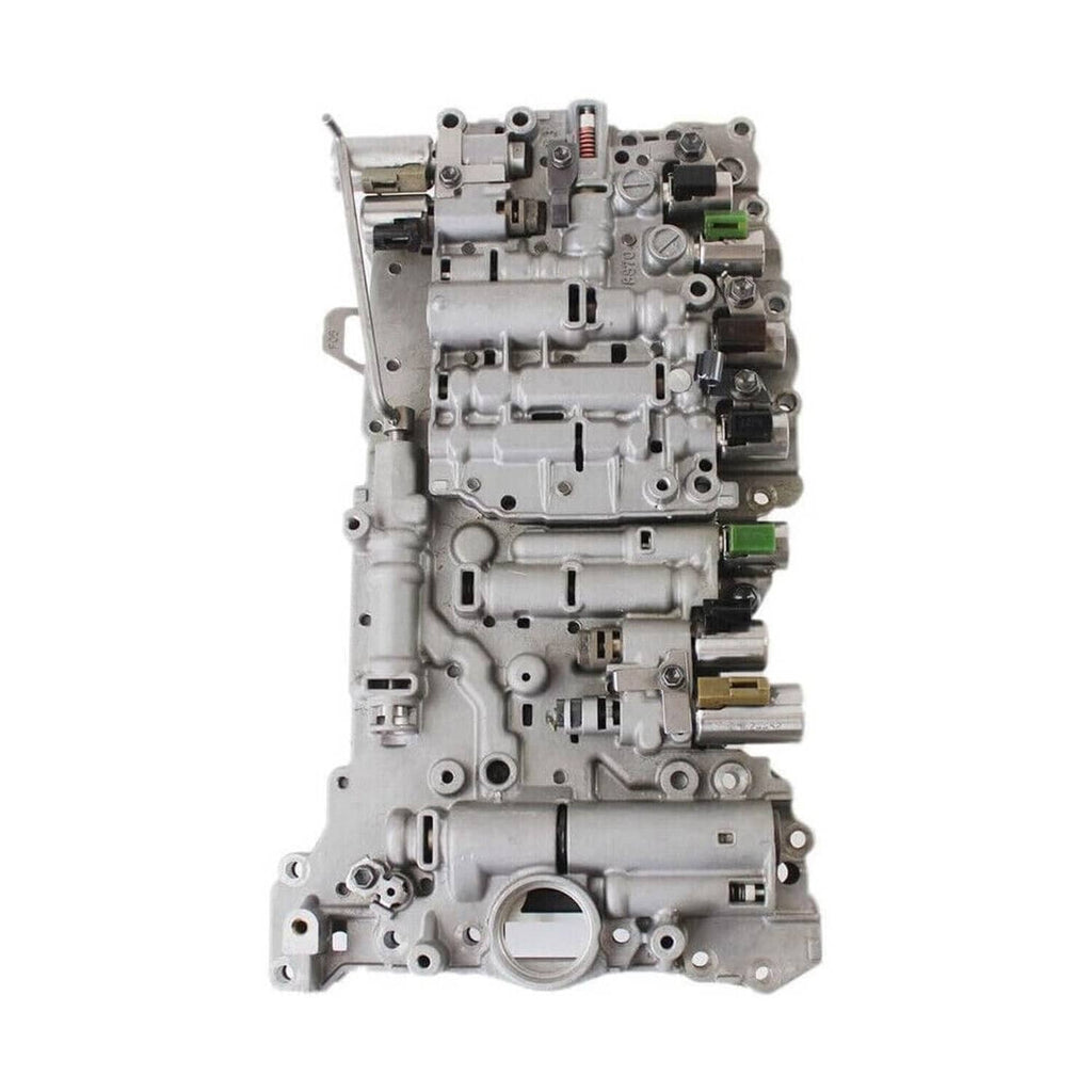 Transmission valve body with solenoids, underside view with multiple ports and connectors