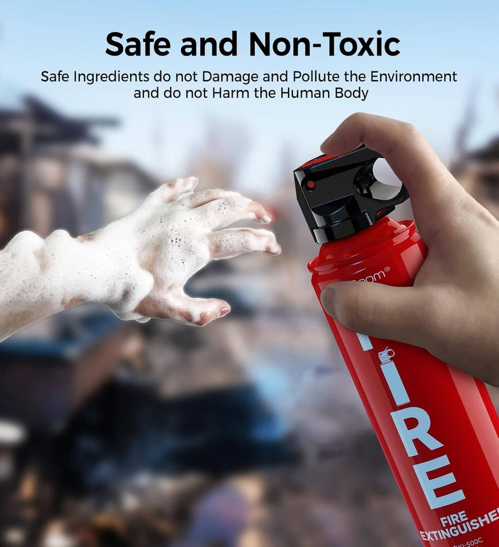 Red AmzBoom fire extinguisher spraying foam with black trigger nozzle