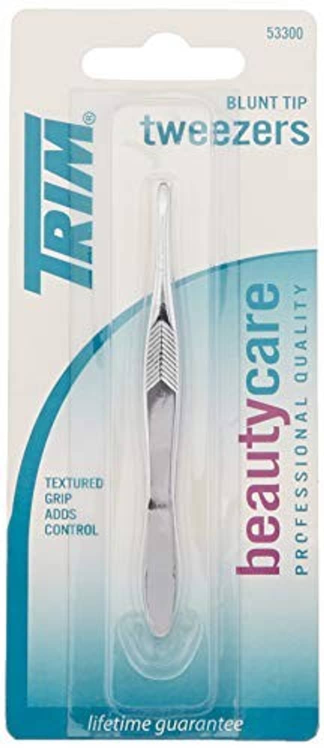 Blunt tip tweezers in blister pack, textured grip and blunt tips visible.