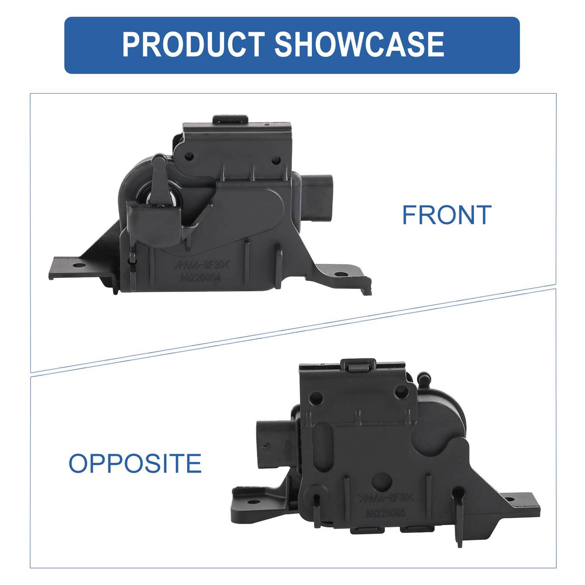 Active grille shutter actuator motor front view, black housing with lever arm