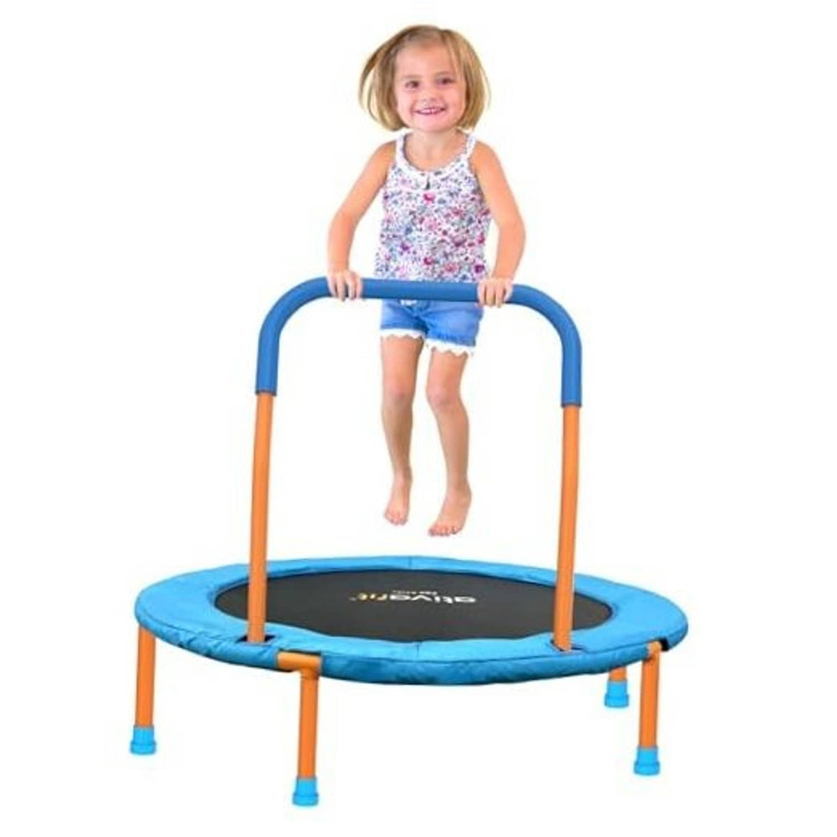 Toddler trampoline with blue padded mat, orange legs, and blue foam safety handle