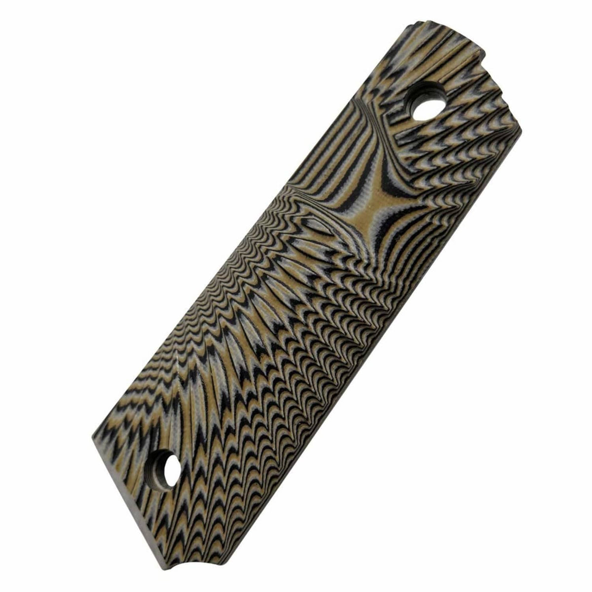 Single pistol grip panel, coyote tan wavy sunburst G10 with two mounting hole cutouts