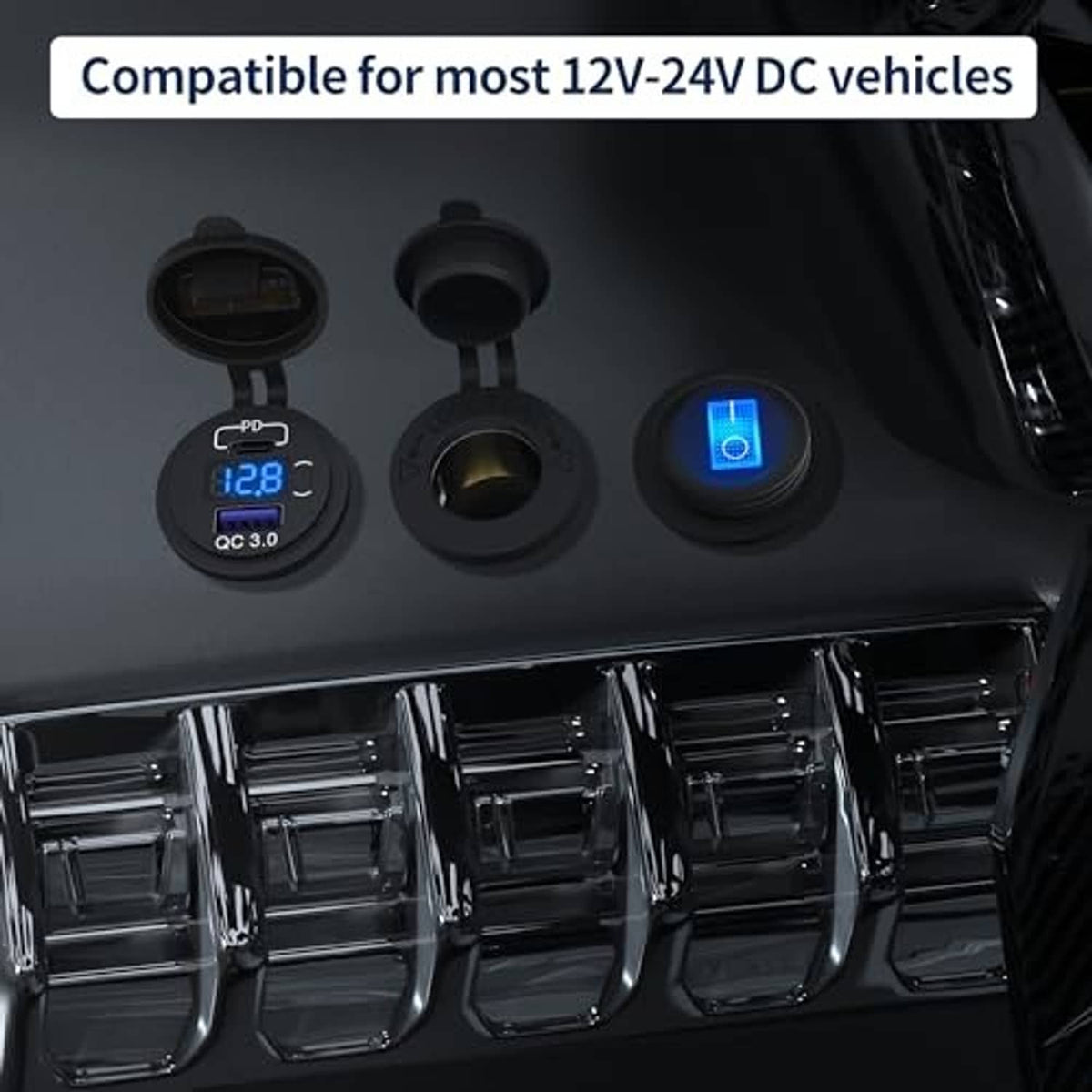 Black 12V car USB charger sockets with voltmeter display for dashboard outlets