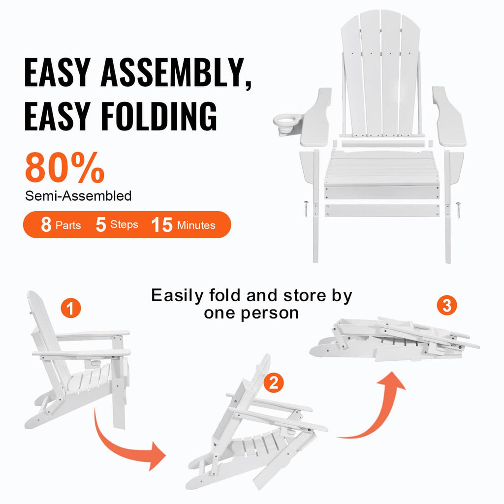 White folding Adirondack chair set showing folding steps and compact storage