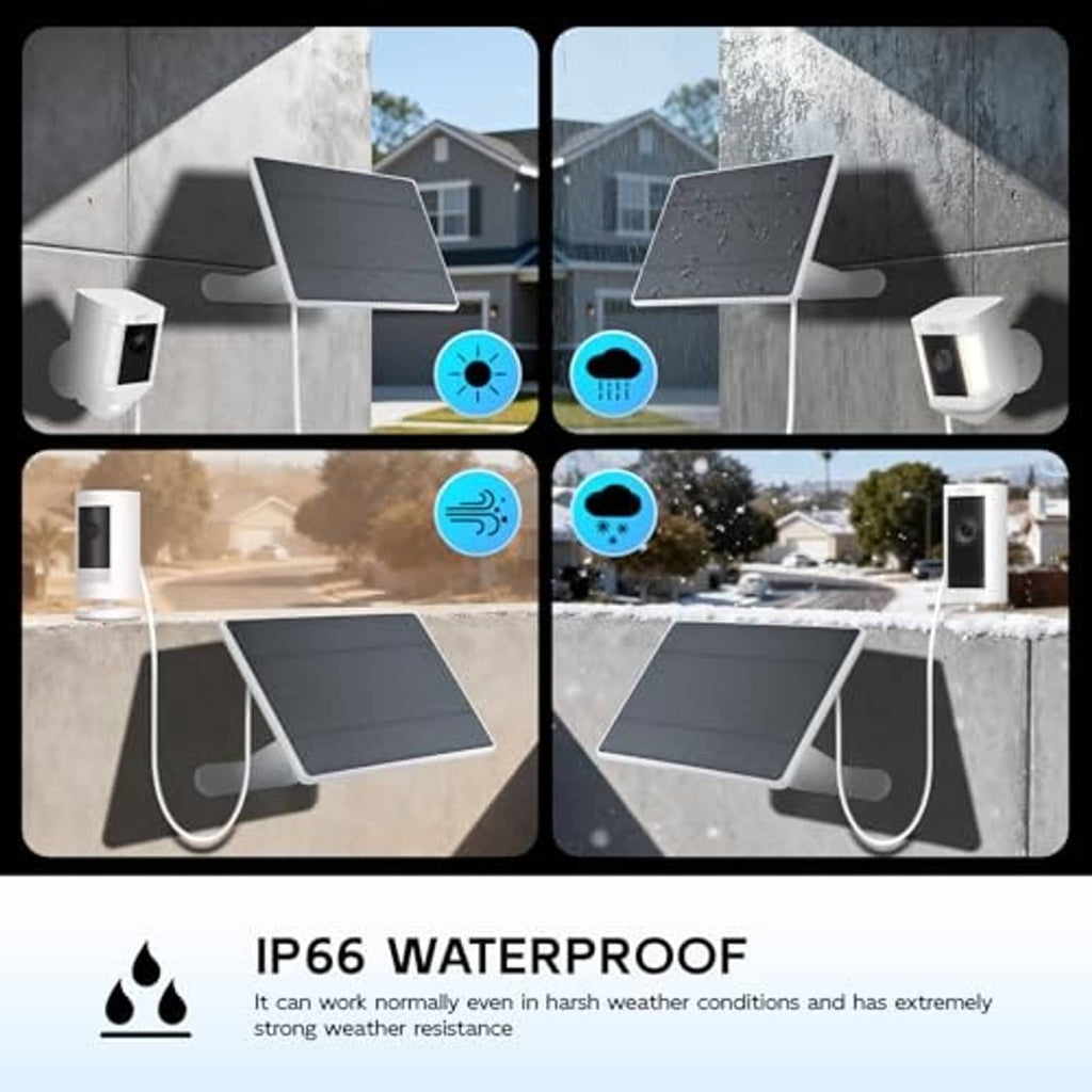 Solar panel charger with mounting base and cable, shown outdoors in multiple views
