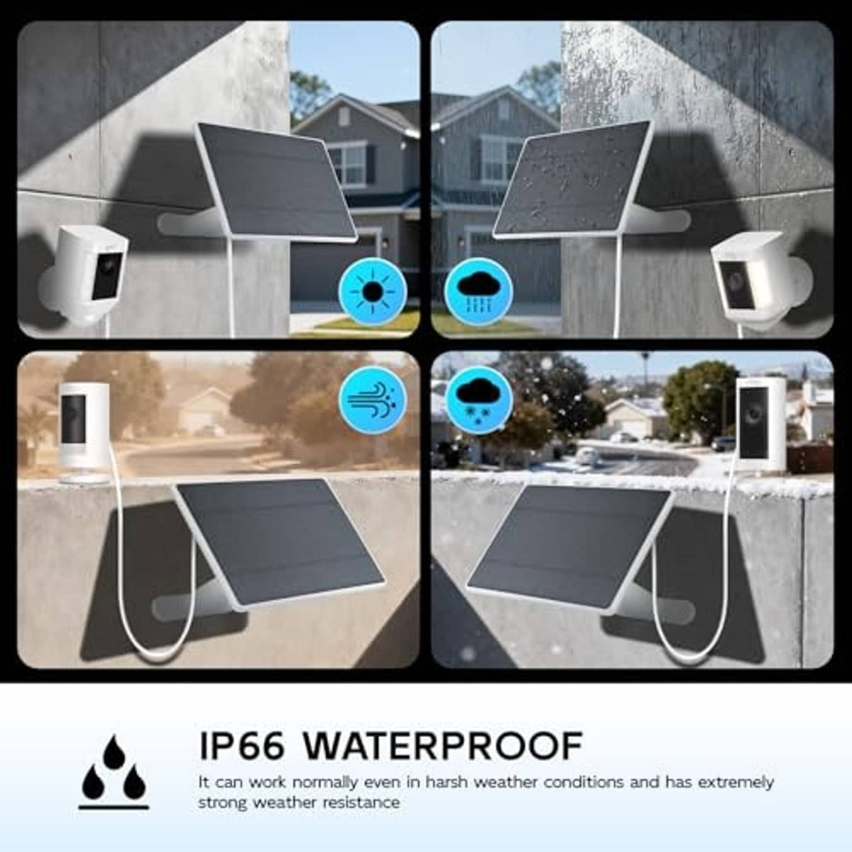 Solar panel charger with mounting base and cable, shown outdoors in multiple views