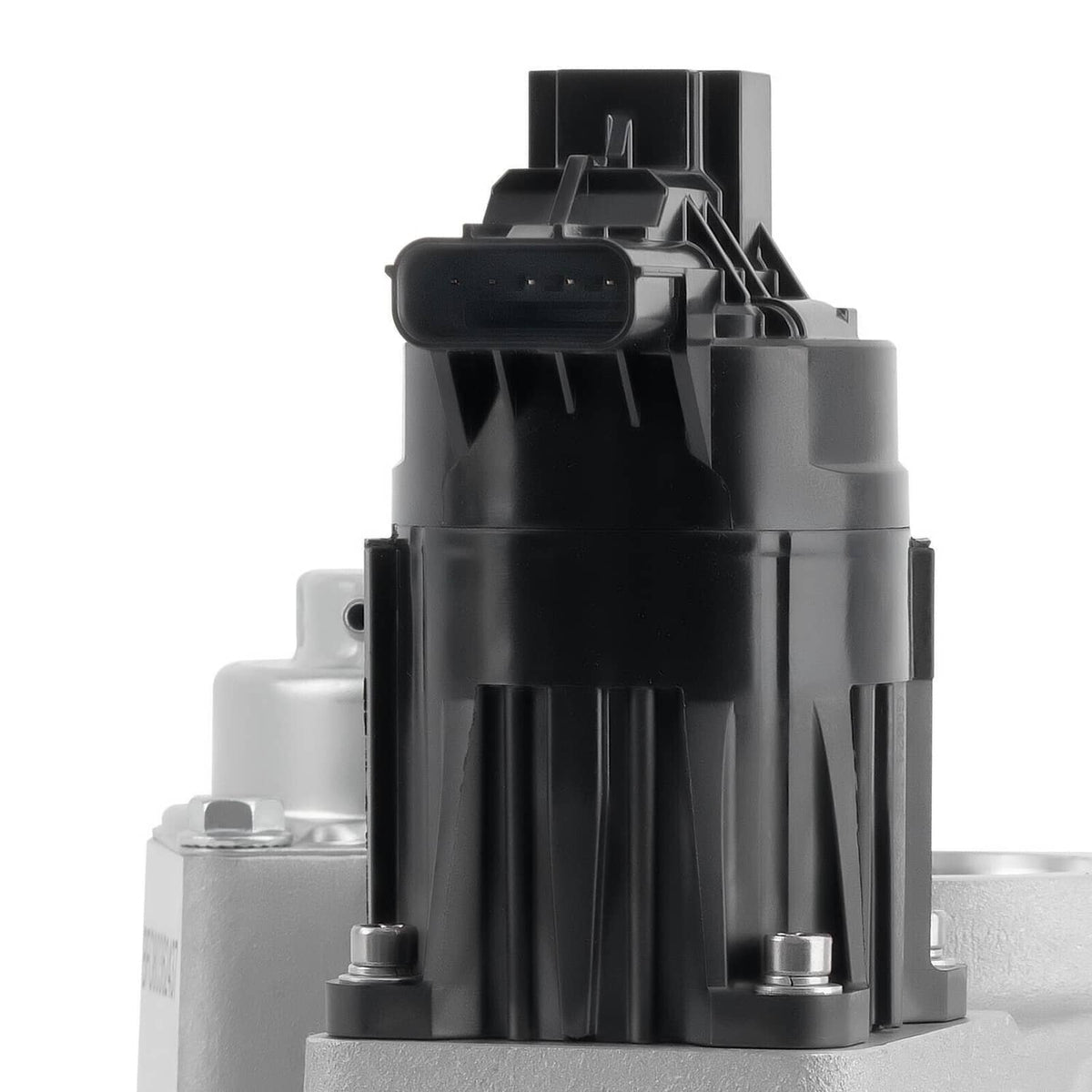 Turbocharger with actuator, top view of black actuator unit and metal base.