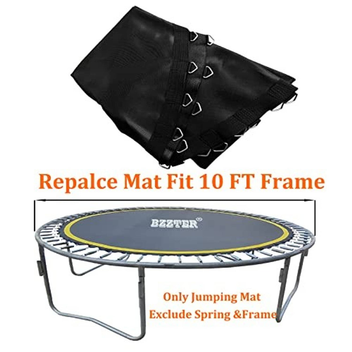 Black trampoline jumping mat for 10FT frame with yellow ring border and mounting straps