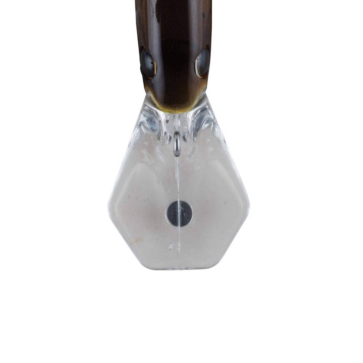 Brown craw crankbait lure underside with metal lip and three hook points