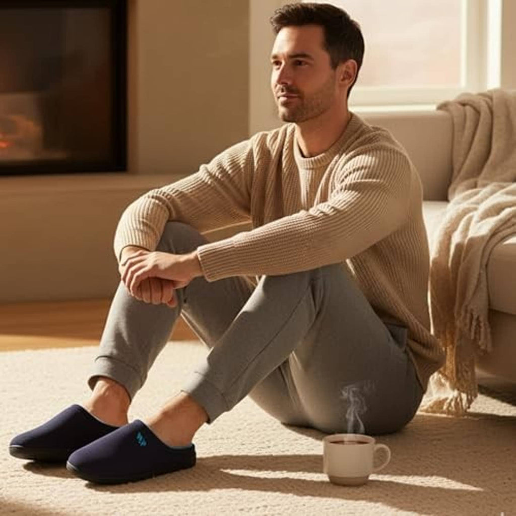 Mens navy slip-on slippers with blue inner lining worn with light pants