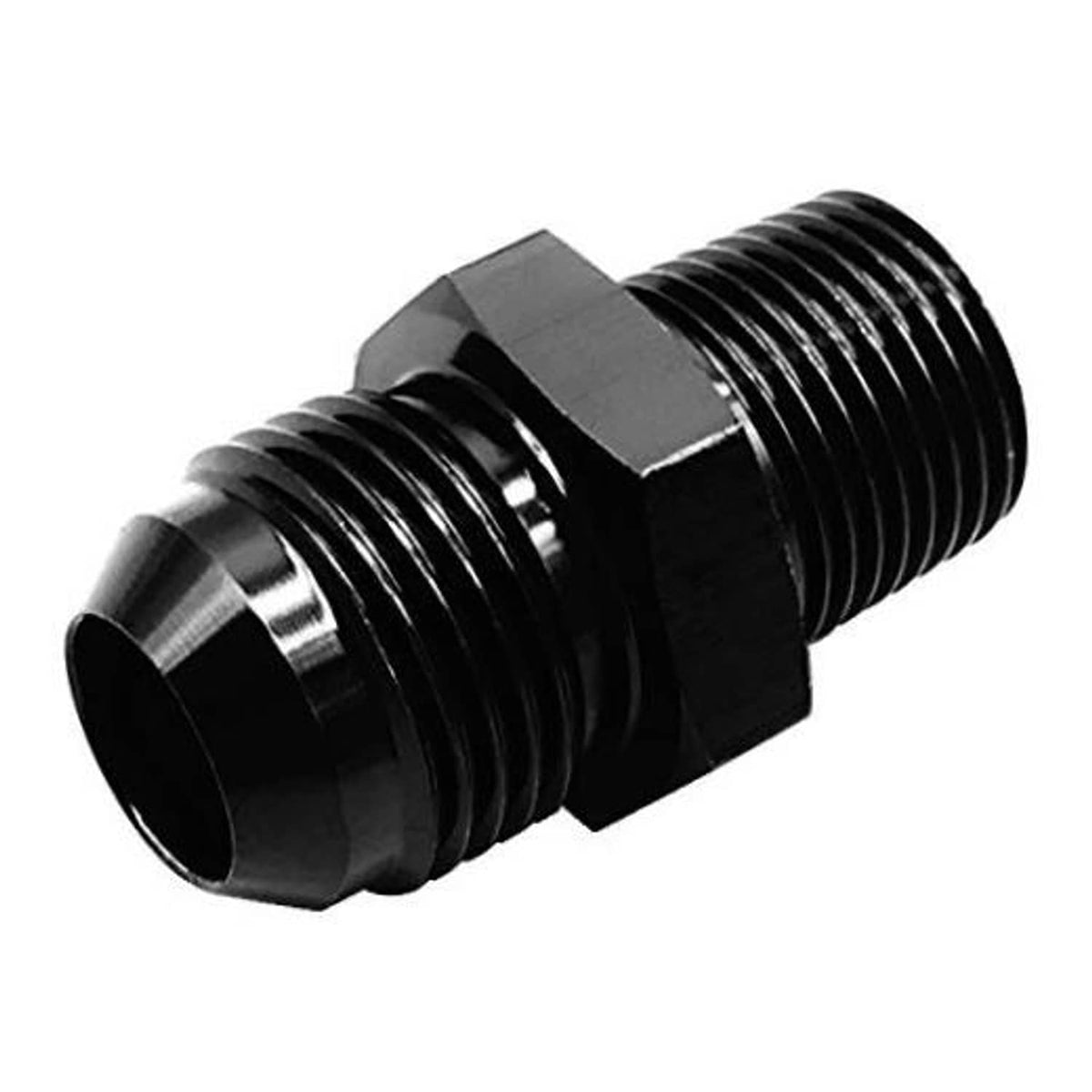 10AN flare-to-1/2 NPT hose adapter fitting, black with dual threaded ends
