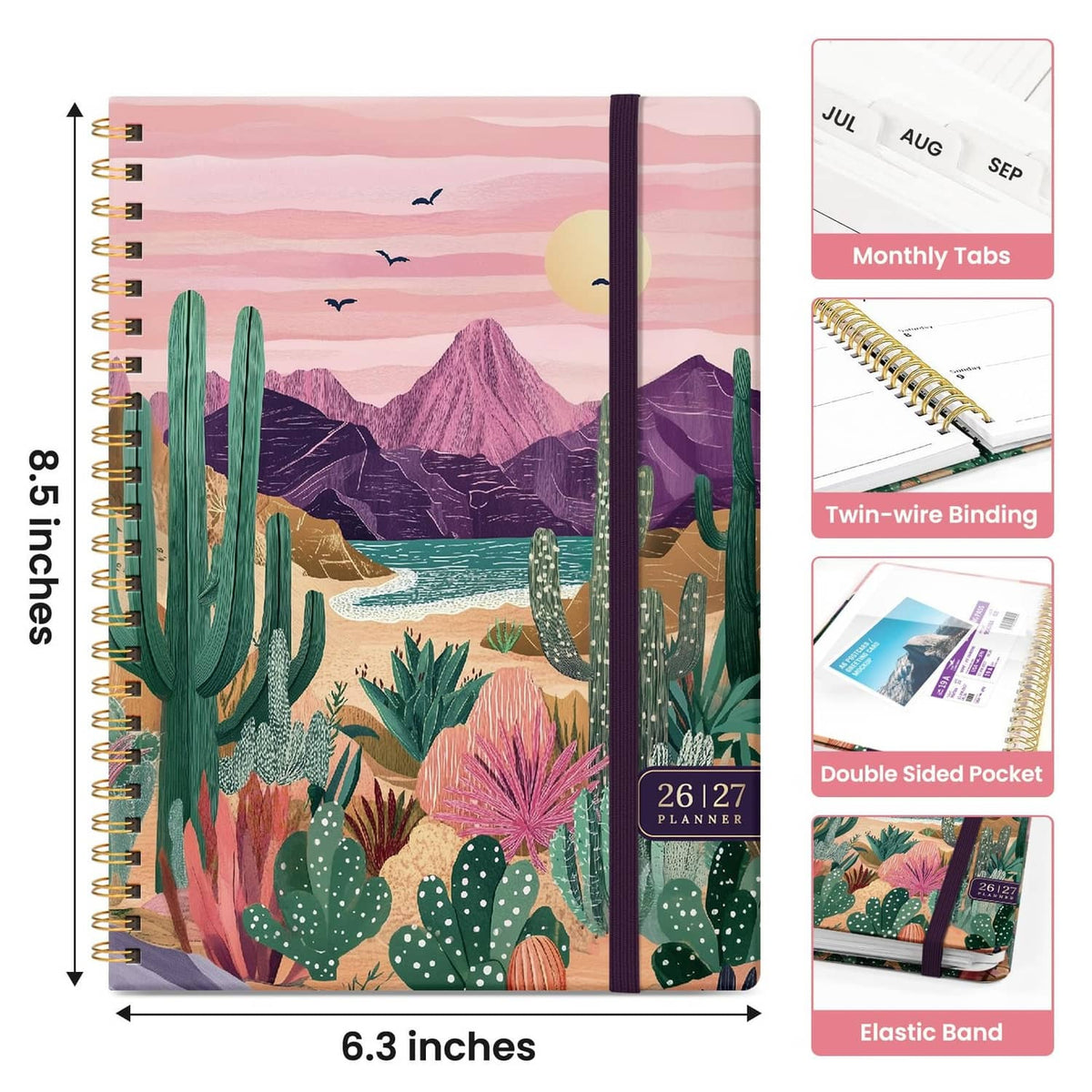 Desert landscape planner cover with vertical month tabs, 26/27 planner label, and elastic band