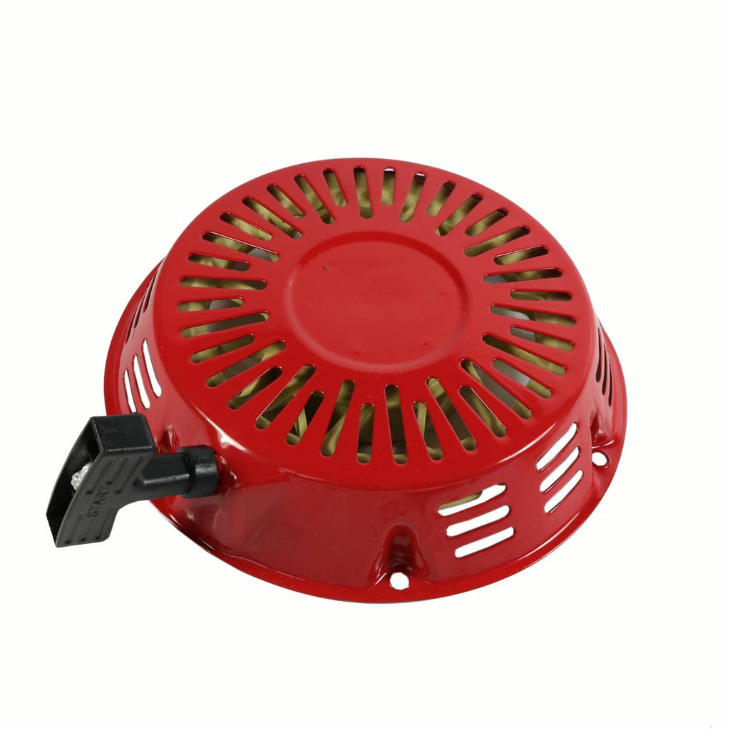 Red recoil starter housing with pull starter latch and vented fan cover