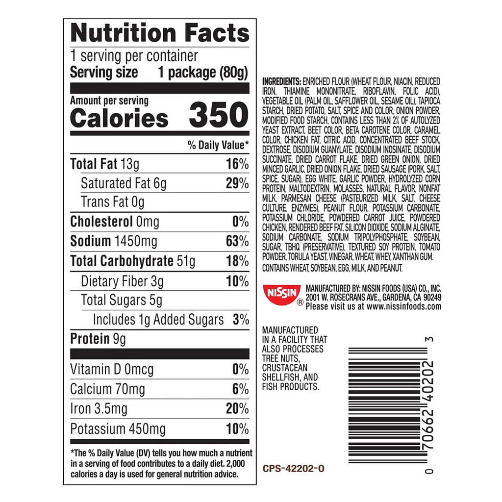 Nutrition facts label for curry instant cup noodles, ingredient and barcode panel