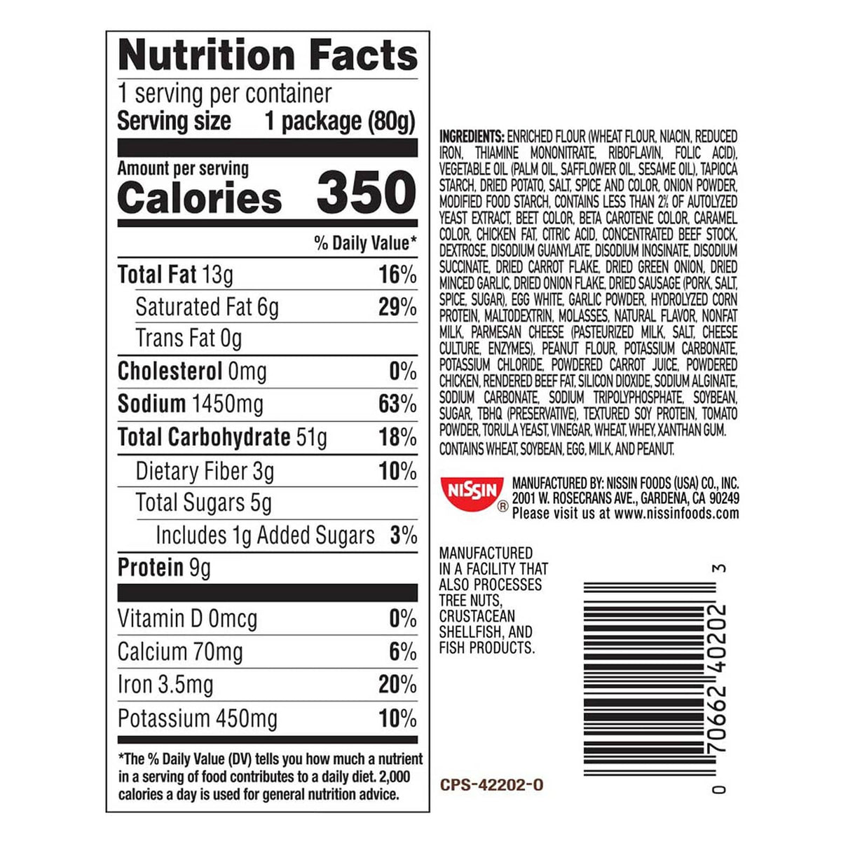 Nutrition facts label for curry instant cup noodles, ingredient and barcode panel