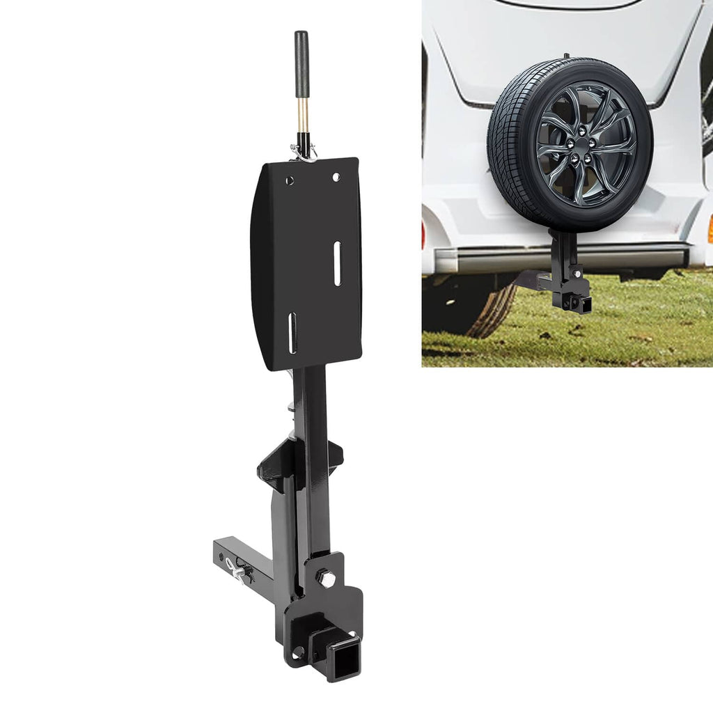 RV spare tire carrier installed: upright black mount with tire platform and base bracket