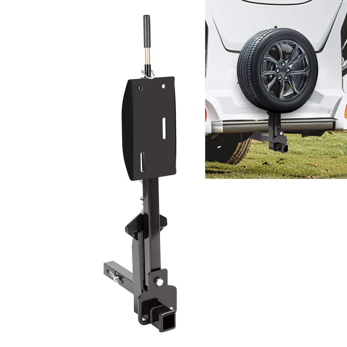 RV spare tire carrier installed: upright black mount with tire platform and base bracket