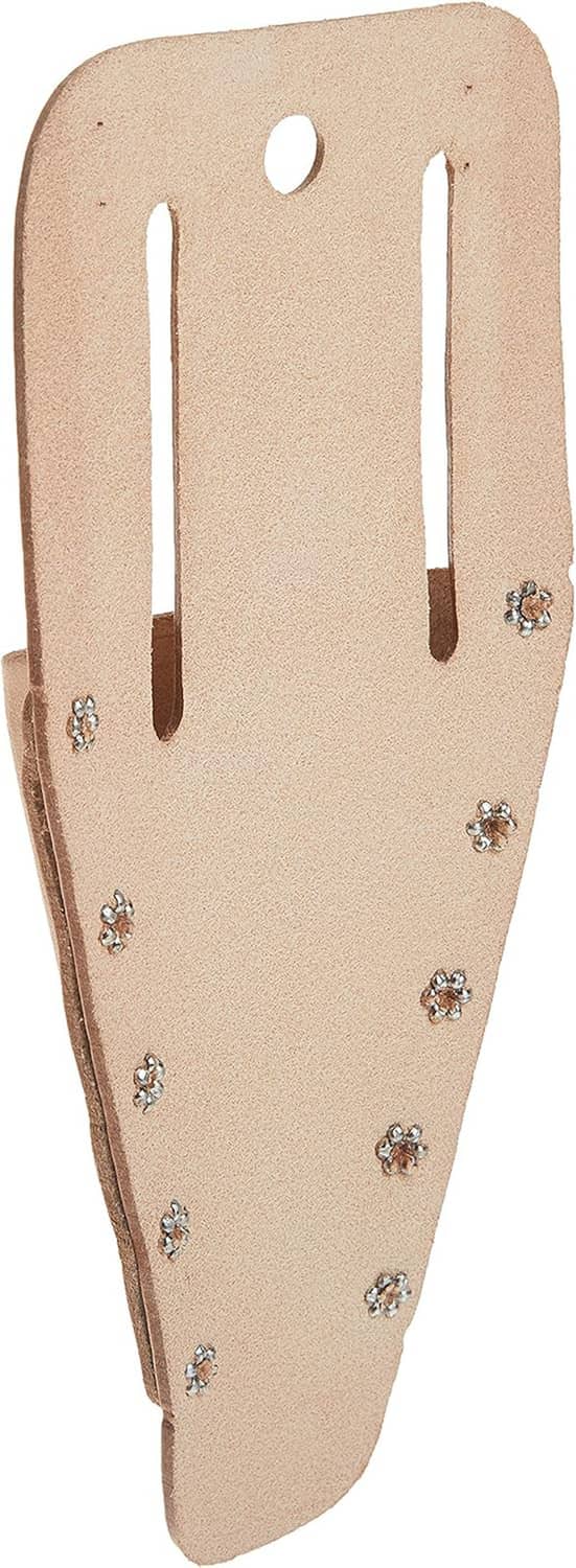 Tan leather pliers tool holder back with multiple rivets and crossed metal pin details
