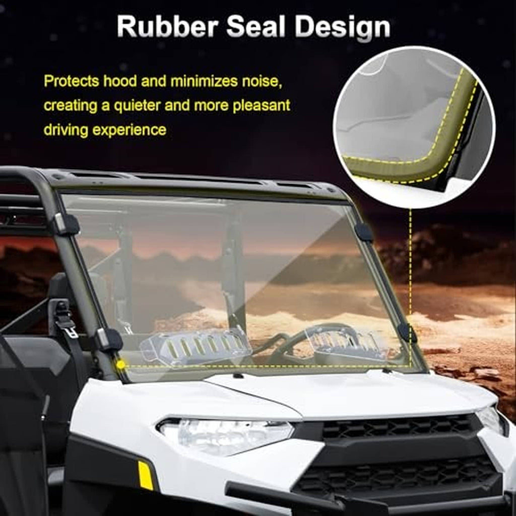 Vented windshield with rubber seal along the lower edge for quieter, comfortable UTV ride.