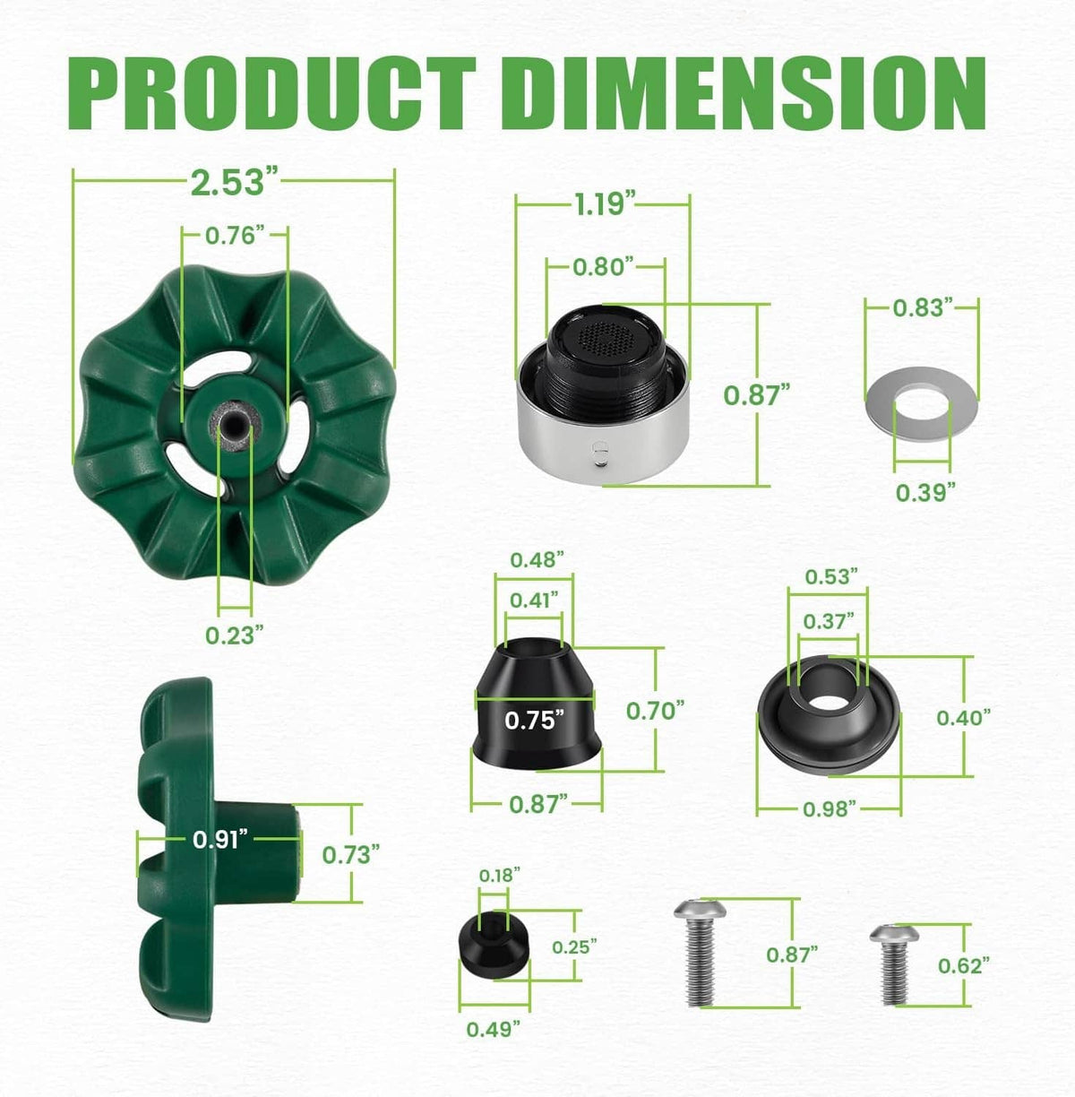 Green hydrant handle wheel and metal parts shown with product dimension measurements