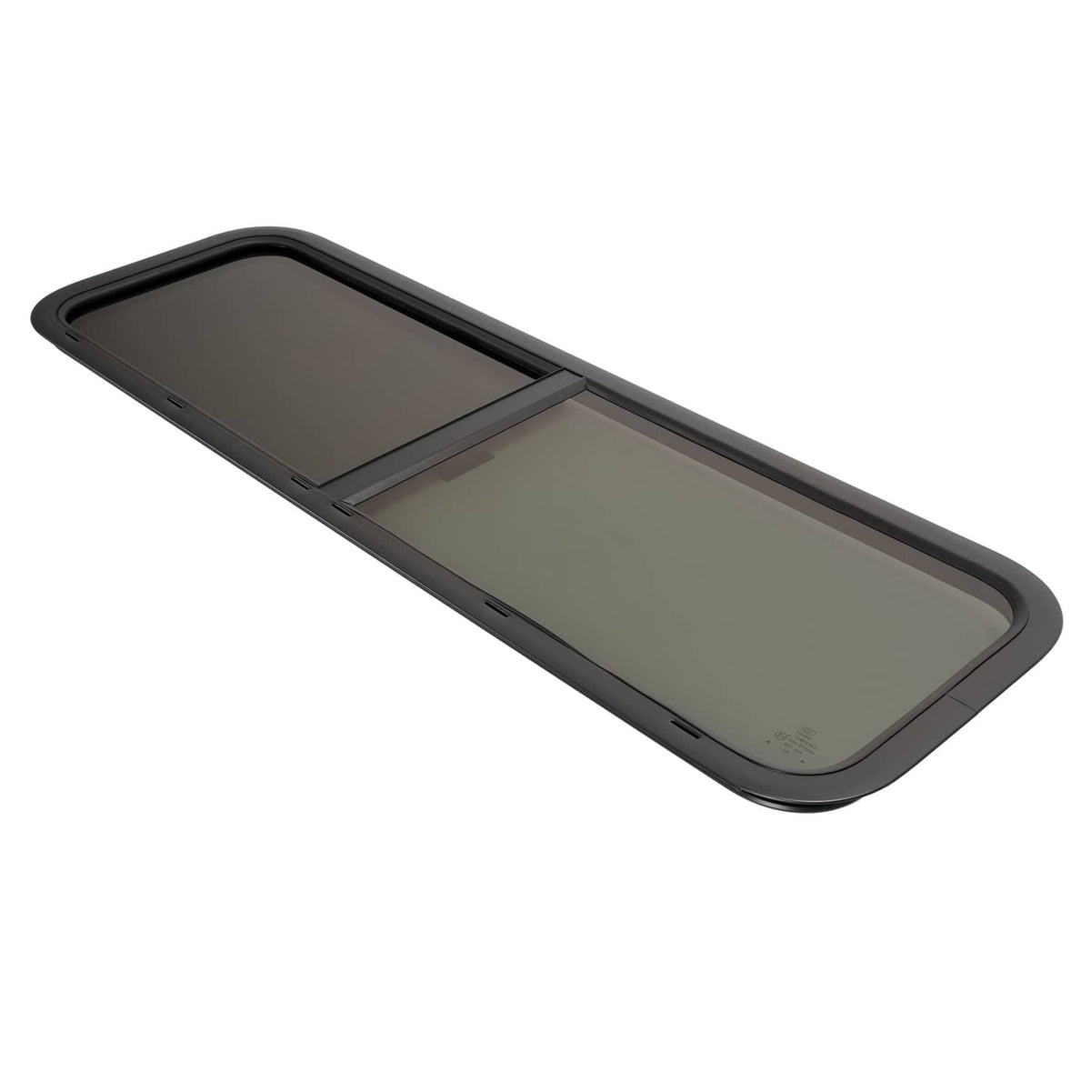 RV sliding horizontal window with dark frame and smoked tinted glass, angled view.