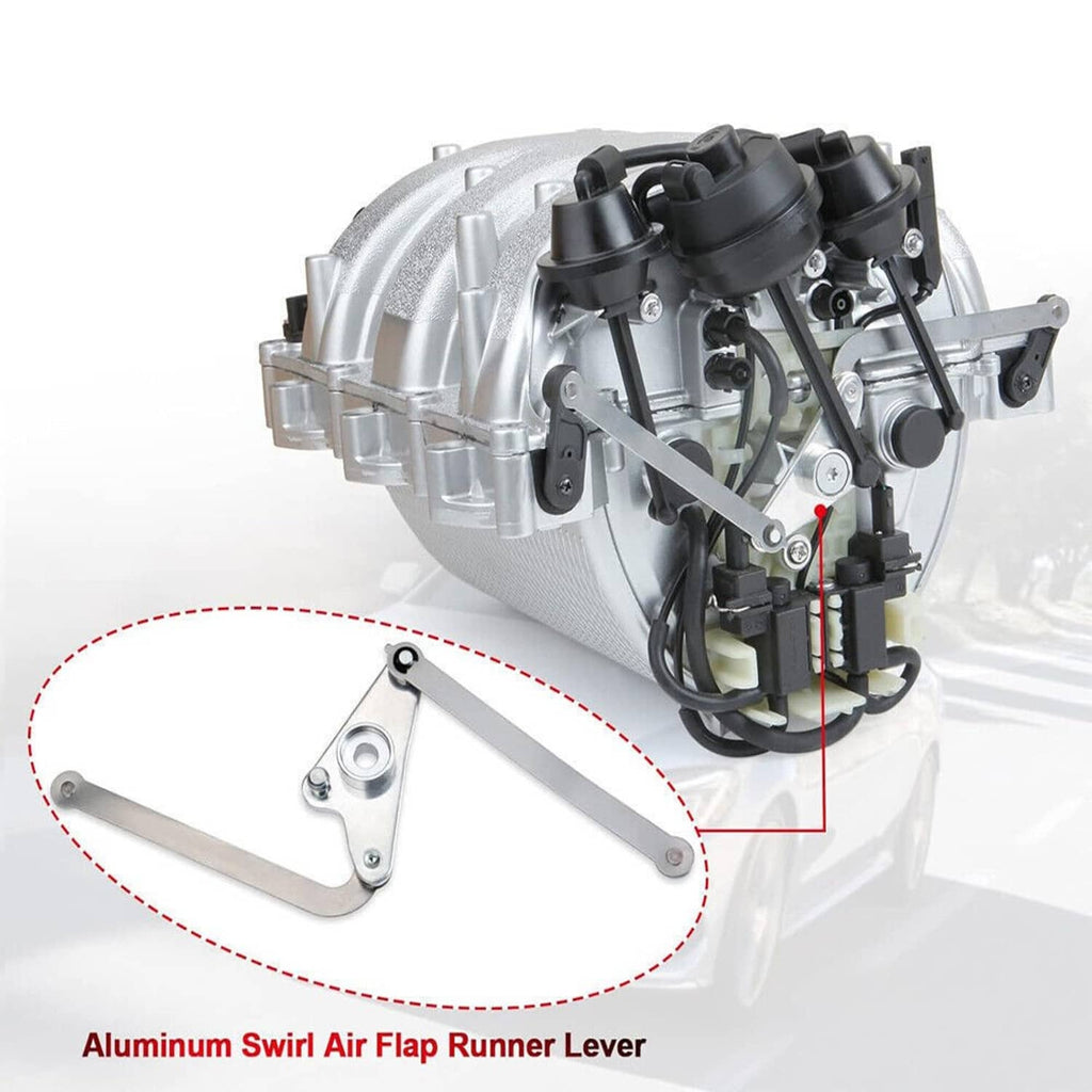 Silver intake manifold with black hoses and aluminum air flap runner lever