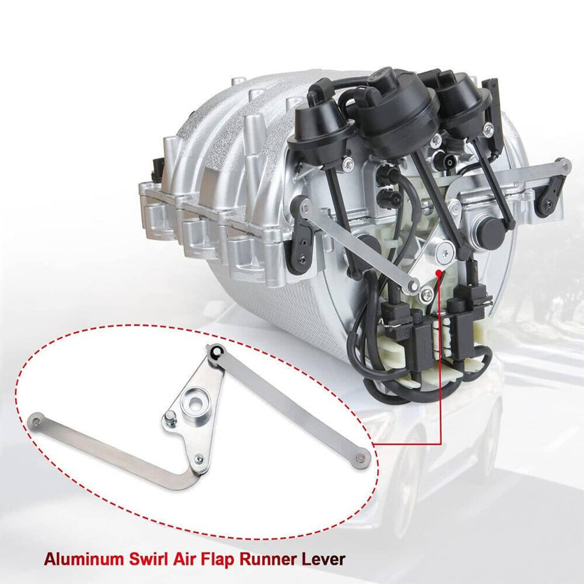 Silver intake manifold with black hoses and aluminum air flap runner lever
