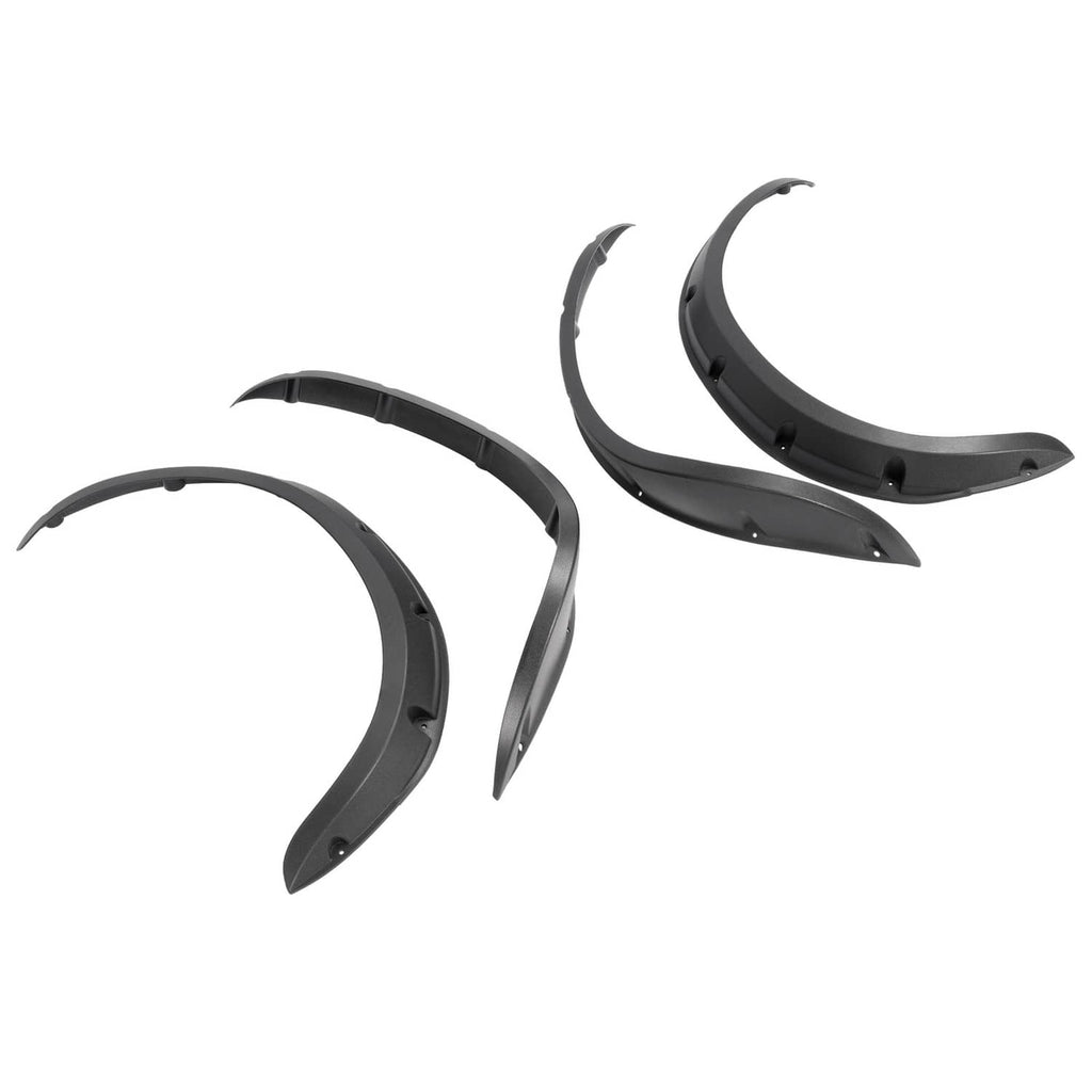Set of three black golf cart fender flares with curved edges and mounting tabs
