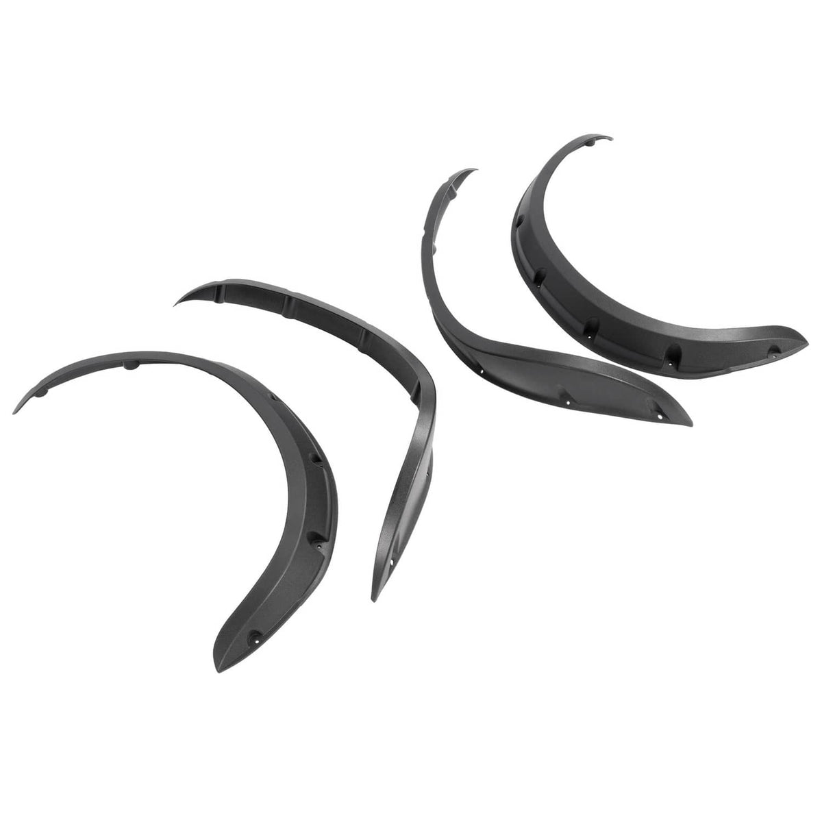 Set of three black golf cart fender flares with curved edges and mounting tabs