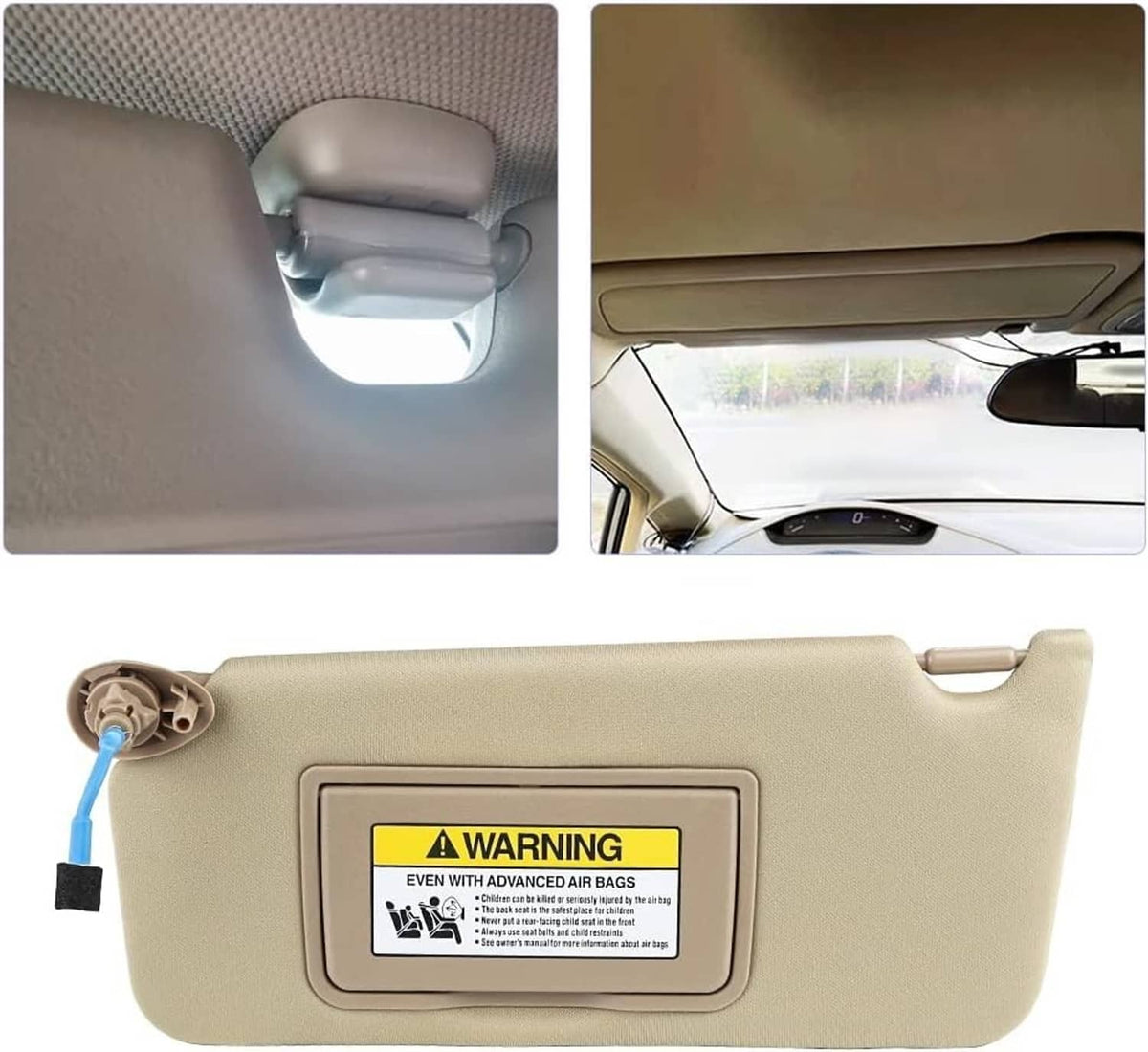 Beige left driver-side sun visor with mirror light and warning label, inside view