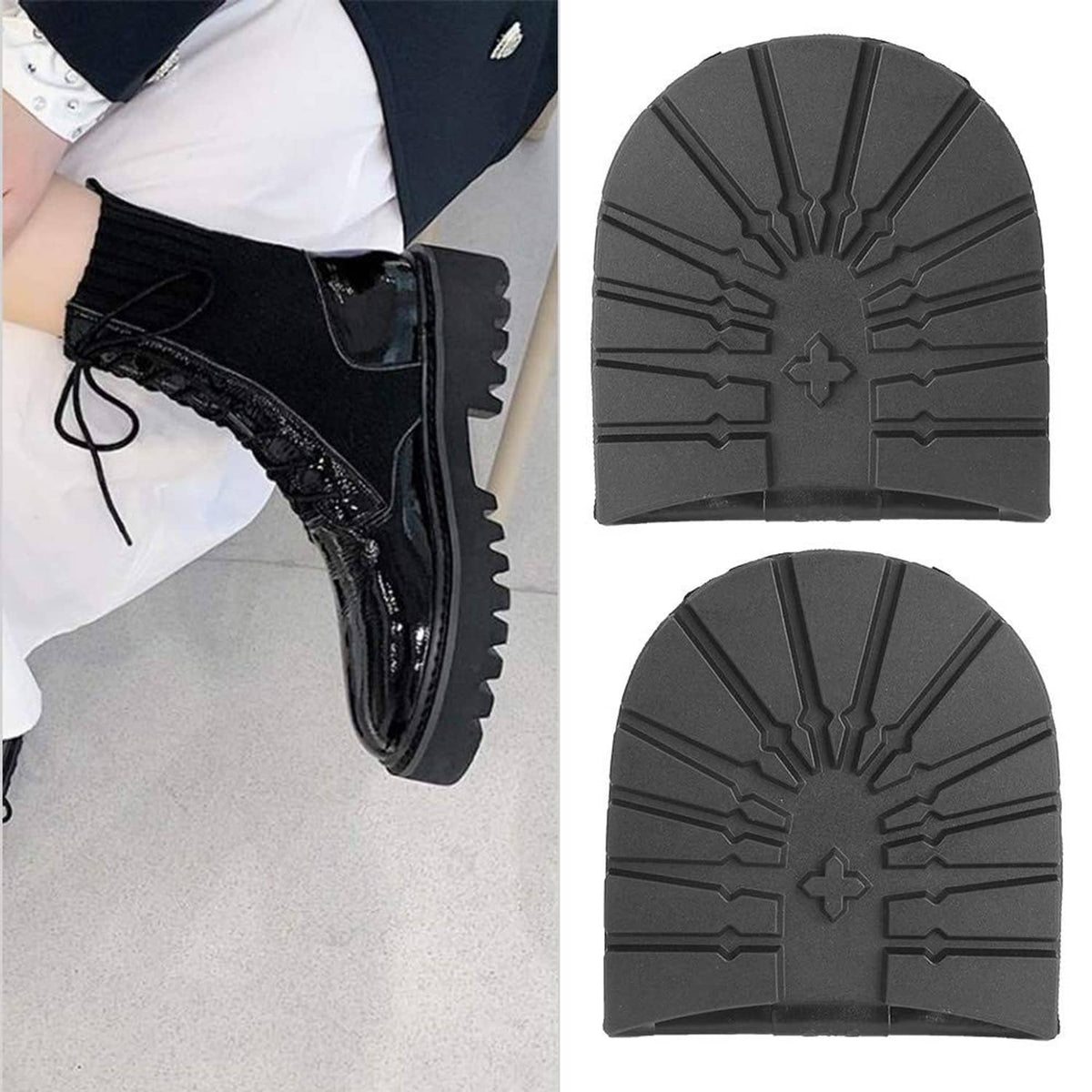 Non-slip heel replacement pad for boots, showing traction tread texture