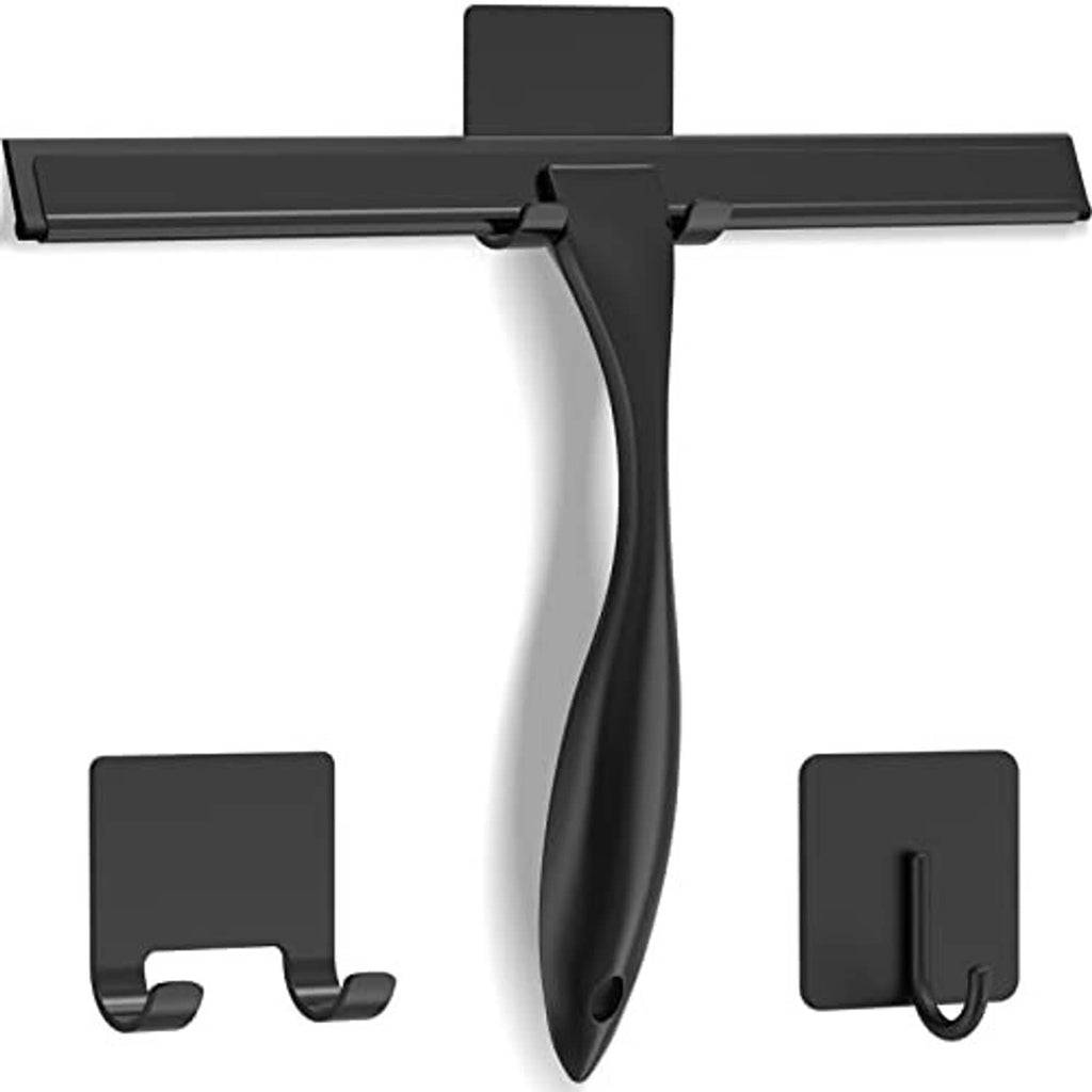Black shower squeegee with hanging wall hook and snap-on mount clips