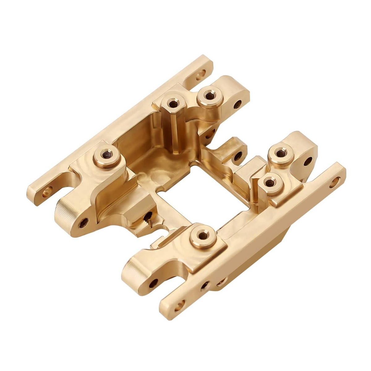 INJORA brass transmission skid plate mount, close view of cup-like hardware points