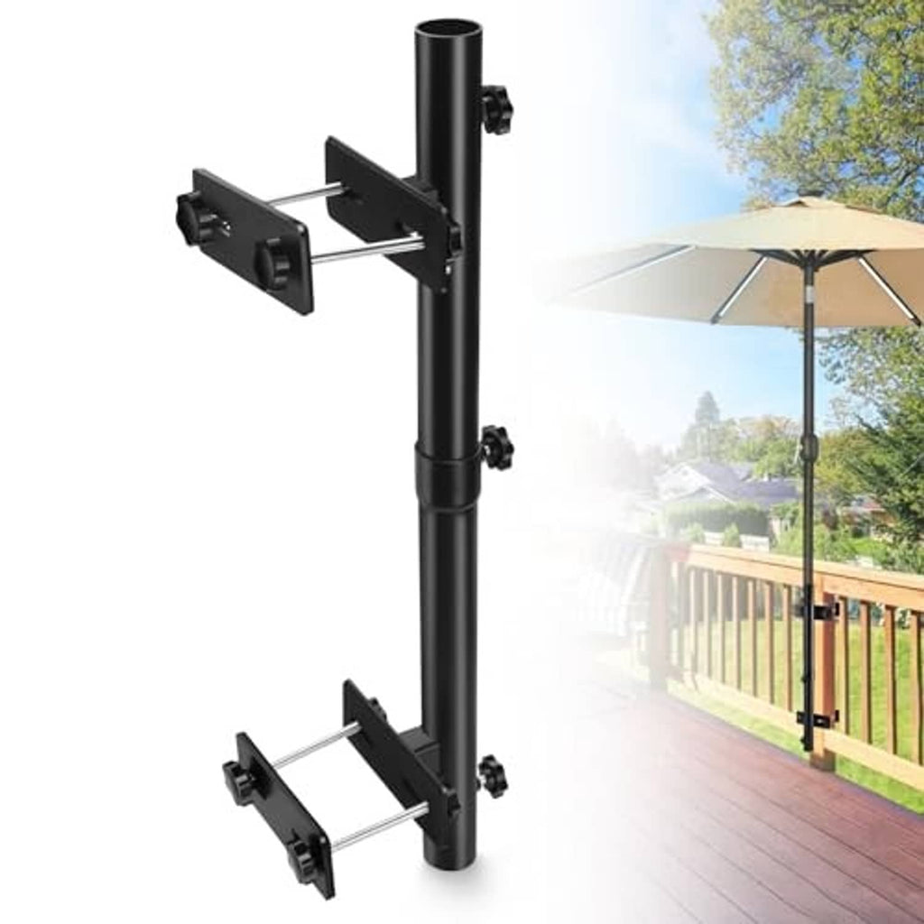 Adjustable black steel patio umbrella holder with upper and lower clamp brackets