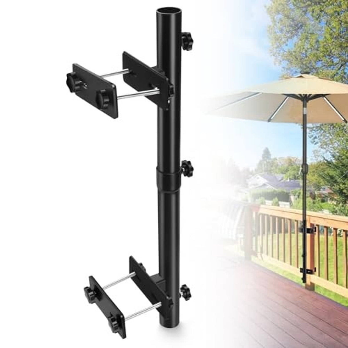 Adjustable black steel patio umbrella holder with upper and lower clamp brackets