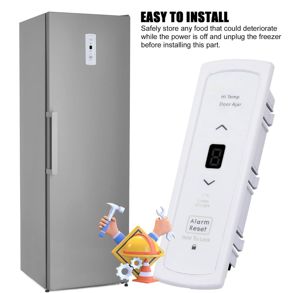 White freezer control panel next to gray refrigerator door for easy replacement