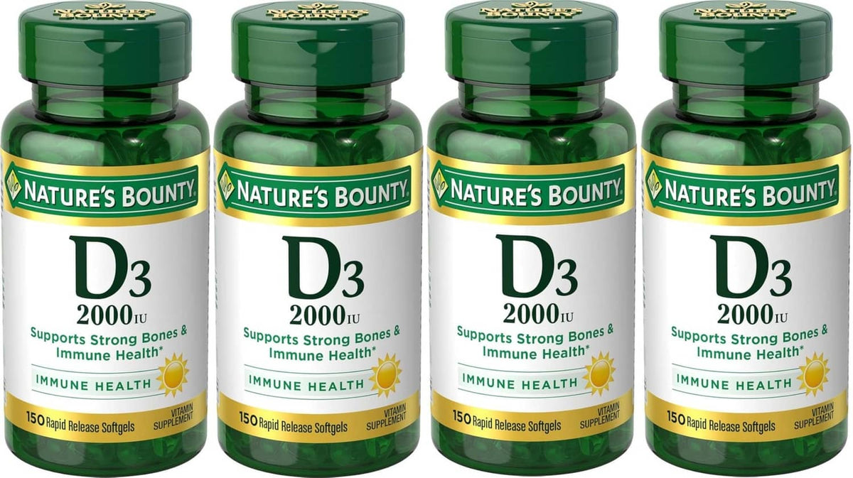 Vitamin D3 2000 IU softgel bottles, green cap, Nature's Bounty label