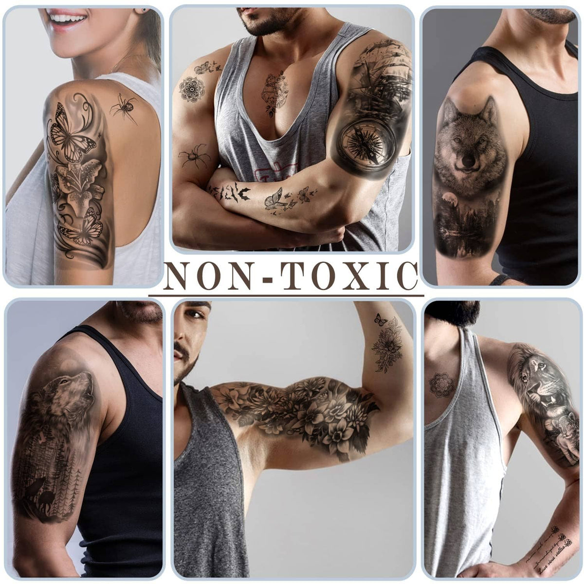 Black temporary tattoos on arms and shoulders with wolf, roses, and butterfly motifs
