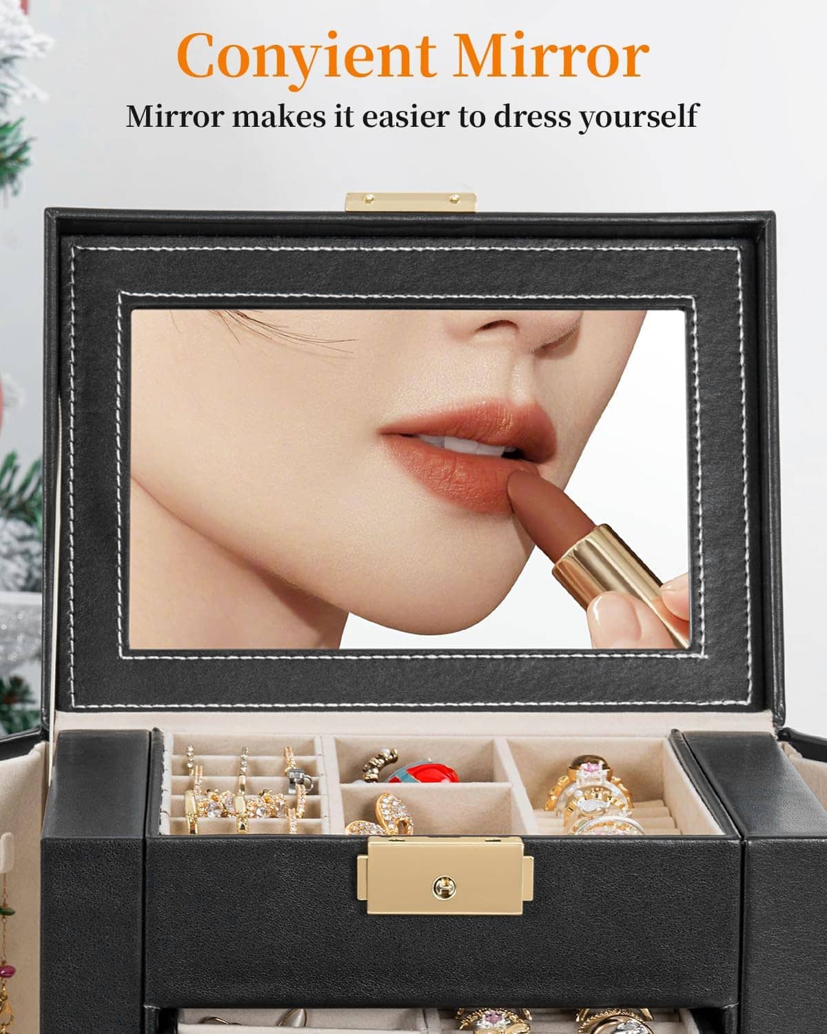 Black jewelry box with large interior mirror and layered earring storage