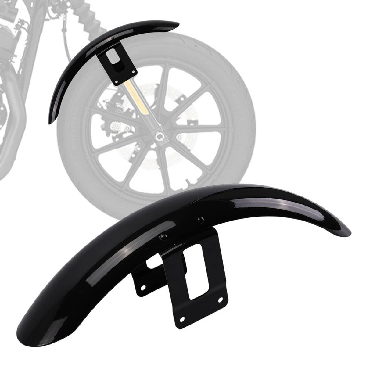 Black front fender with glossy finish and metal mounting bracket, front wheel view