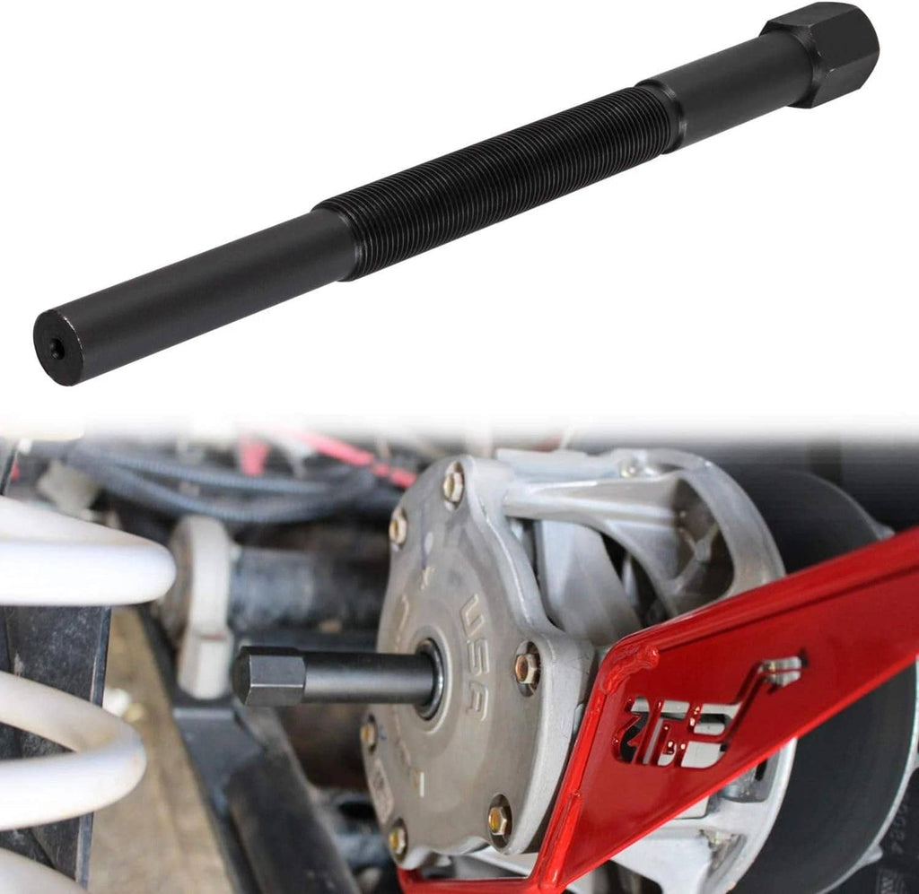 Black clutch puller remover tool with long threaded shaft shown near engine
