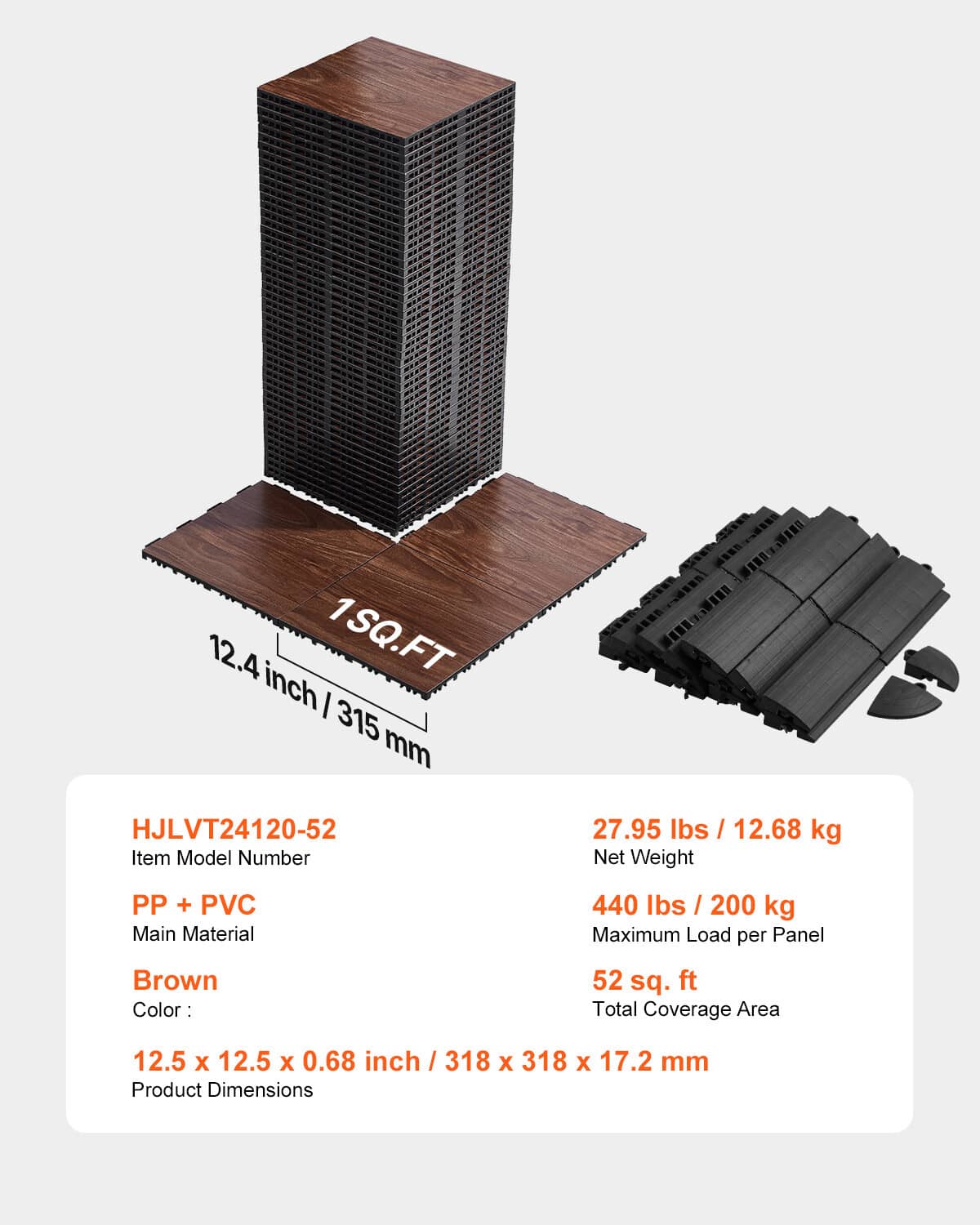 Stacked brown interlocking gym floor tiles with black base locking pieces